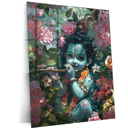 Baby Krishna Metal Poster – Divine and Adorable Hindu Art | Spiritual Wall Decor - TURTLEWINGS 