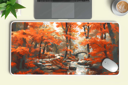 Aesthetic Beautiful Autumn with Trees and Bridge Deskmat – Serene Fall Landscape