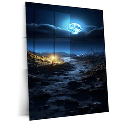 Moon & Nature Art Metal Poster | Mystical Landscape Wall Decor | Celestial Night Sky Print