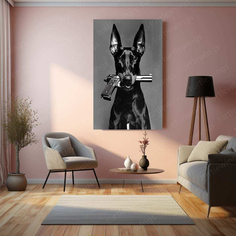 Dog with Gun Metal Poster – Bold and Unique Animal Art | Powerful Graphic Decor - TURTLEWINGS 