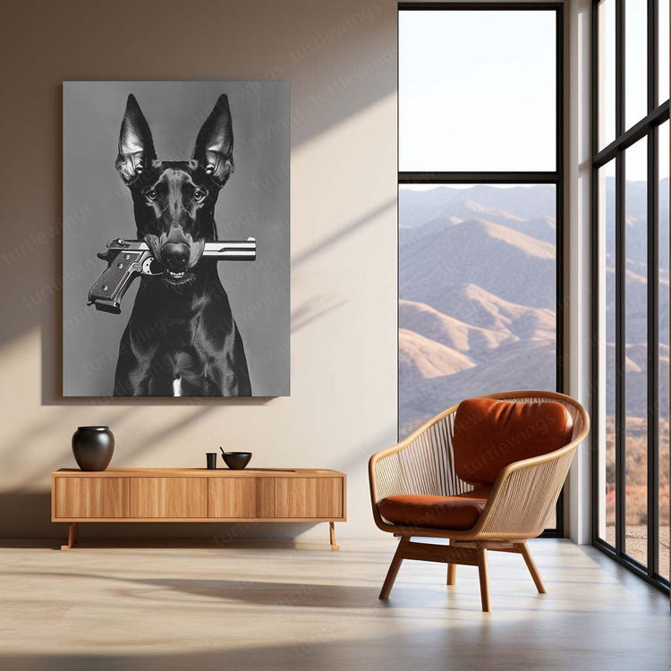 Dog with Gun Metal Poster | Humorous Art | HD Print