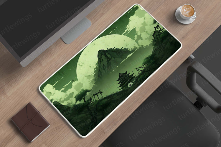 Japanese Green Mountains Minimal Deskmat | Serene Nature Art for Your Workspace