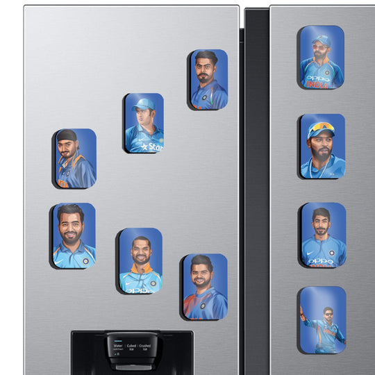 Indian Cricket Team Players Fridge Magnets - Set of 10 l legendary players of the Indian cricket team l MS Dhoni, Rohit Sharma, Suresh Raina, Hardik Pandya, Harbhajan Singh, Yuvraj Singh, Jasprit Bumrah, Ravindra Jadeja, Shikhar Dhawan, and Virat Kohli