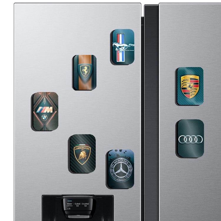 Luxury Car Brand Fridge Magnet Set | Set of 7: BMW, Mercedes-Benz, Ferrari, Mustang, Porsche, Lamborghini, Audi