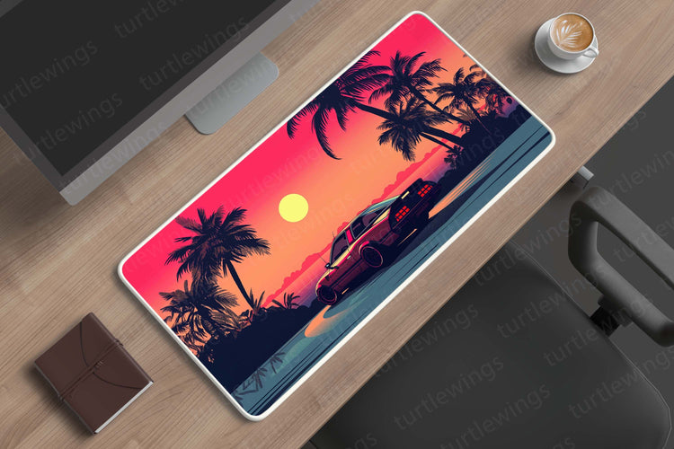 Retro Car Beach Deskmat | Vintage Vibes by the Shore