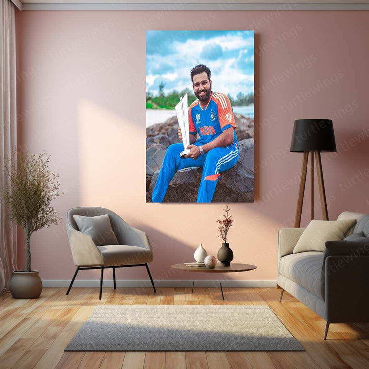 Rohit Sharma with Trophy Metal Poster – Team India & IPL Champion Wall Art | Cricket Memorabilia - TURTLEWINGS 