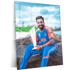 Rohit Sharma with Trophy Metal Poster – Team India & IPL Champion Wall Art | Cricket Memorabilia