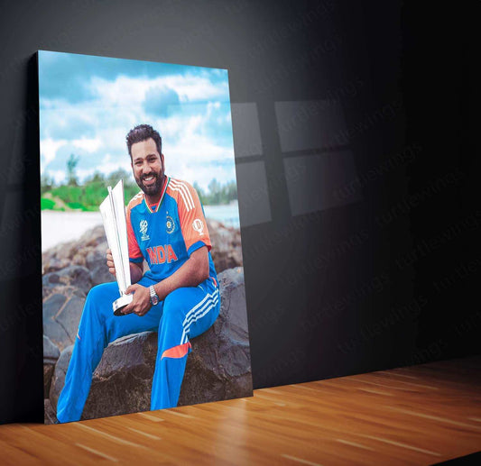 Rohit Sharma with Trophy Metal Poster – Team India & IPL Champion Wall Art | Cricket Memorabilia - TURTLEWINGS 