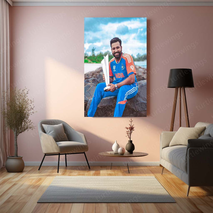 Rohit Sharma Photoshoot with the ICC Men’s T20 World Cup Trophy 2024 | Champion's Pride Metal Poster | HD Print