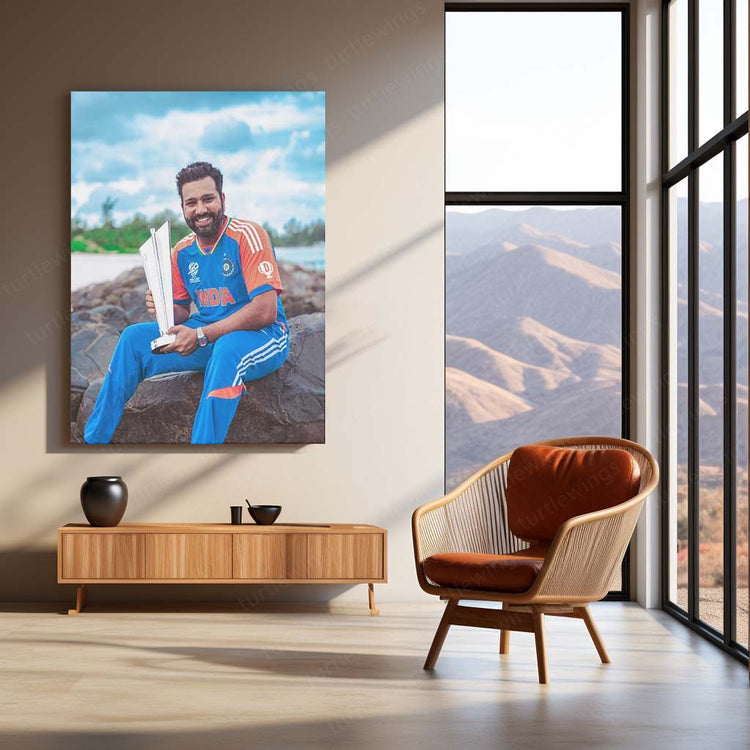 Rohit Sharma Photoshoot with the ICC Men’s T20 World Cup Trophy 2024 | Champion's Pride Metal Poster | HD Print