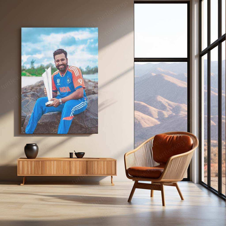 Rohit Sharma with Trophy Metal Poster – Team India & IPL Champion Wall Art | Cricket Memorabilia - TURTLEWINGS 