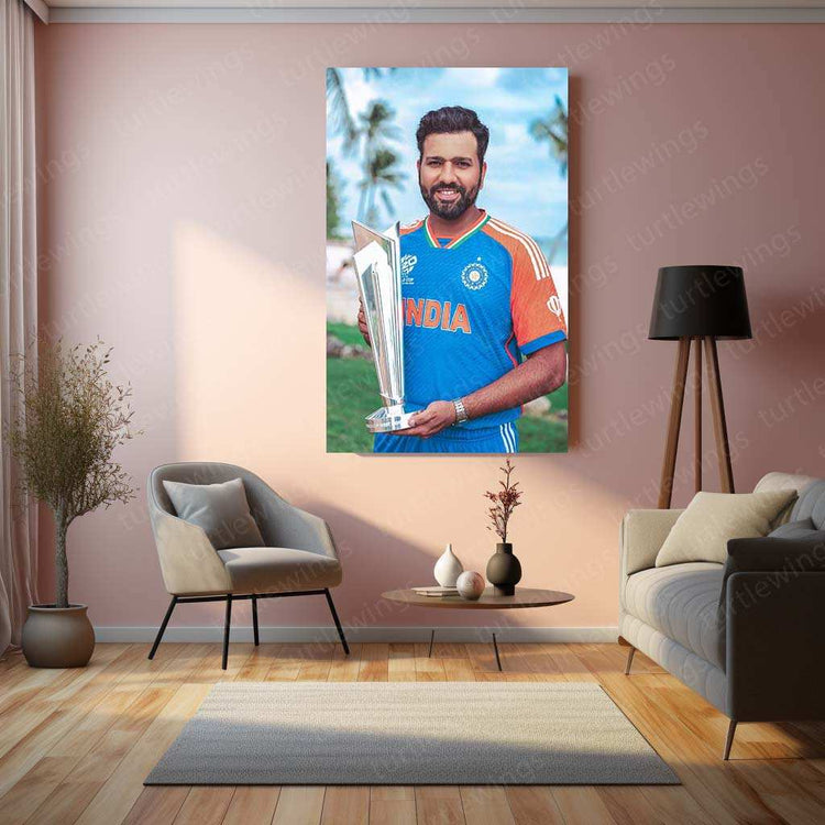 Rohit Sharma with Trophy Metal Poster – Team India & IPL Champion Wall Art | Cricket Memorabilia 2 - TURTLEWINGS 