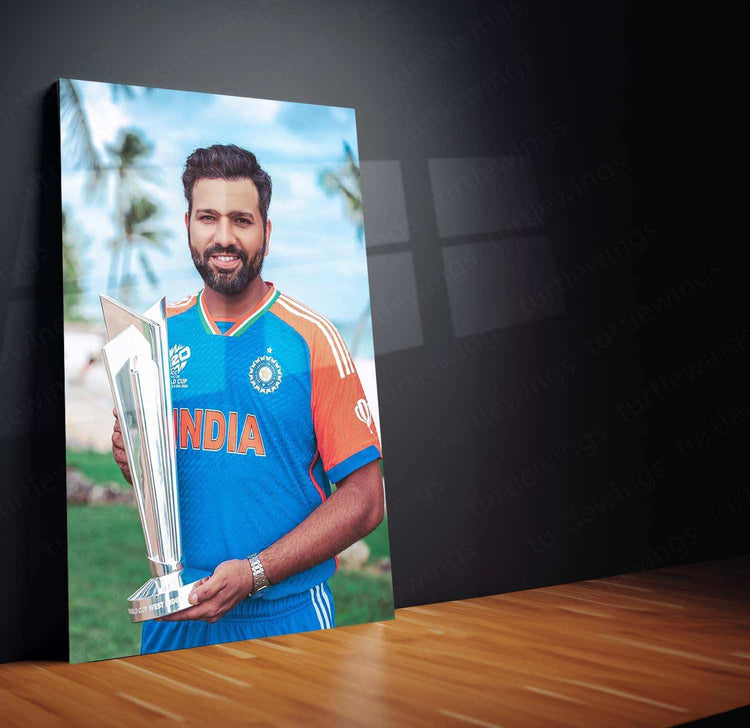 Rohit Sharma with Trophy Metal Poster – Team India & IPL Champion Wall Art | Cricket Memorabilia 2 - TURTLEWINGS 