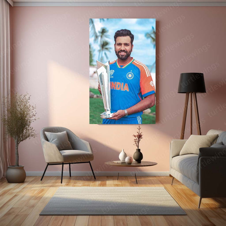 Rohit Sharma Photoshoot with the ICC Men’s T20 World Cup Trophy 2024 | Champion's Pride Metal Poster | HD Print 2