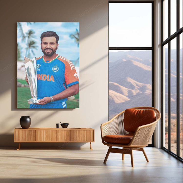 Rohit Sharma Photoshoot with the ICC Men’s T20 World Cup Trophy 2024 | Champion's Pride Metal Poster | HD Print 2