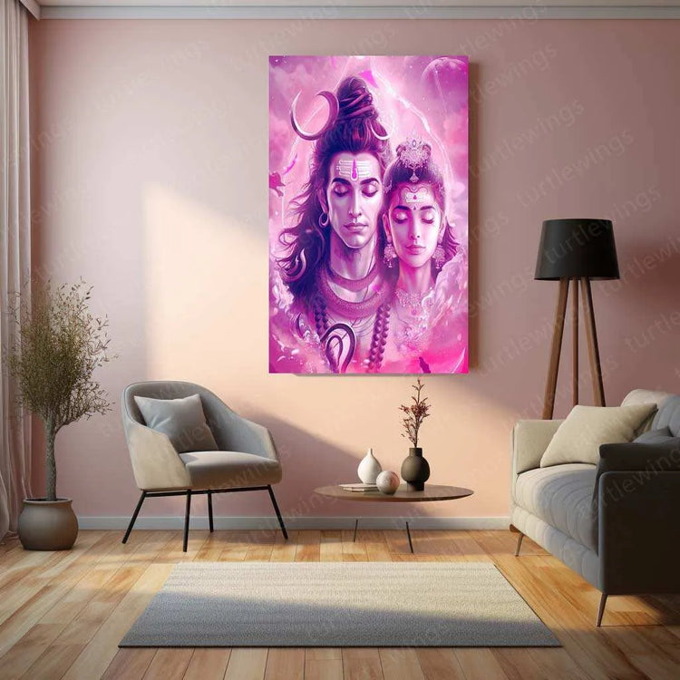 Shiva Parvati Metal Poster – Divine Couple | Spiritual Hindu Wall Art - TURTLEWINGS 