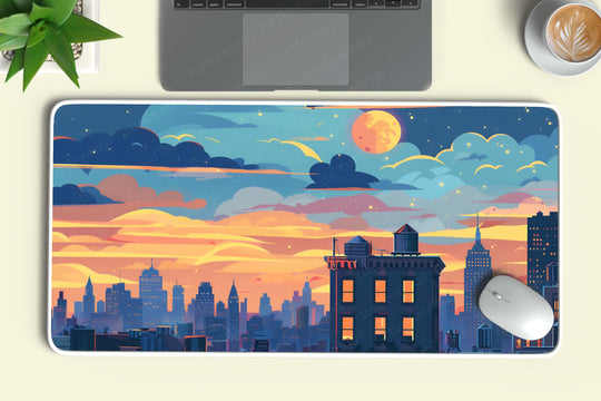 Aesthetic Sunset City Deskmat – Urban Serenity in Warm Sunset Hues