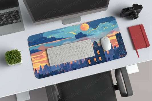 Aesthetic Sunset City Deskmat – Urban Serenity in Warm Sunset Hues