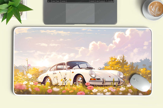 White Porsche in Flowers Field Deskmat | Serenity Meets Speed Design