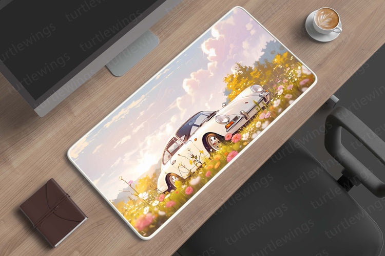 White Porsche in Flowers Field Deskmat | Serenity Meets Speed Design